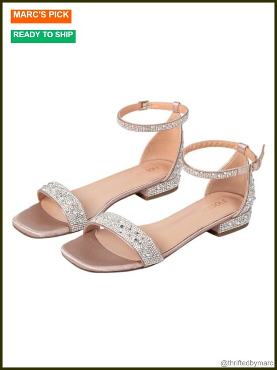 Shoes - Women's Wide Width Rhinestone Square Toe Low Heel Sandals Gladiator Ankle Strap